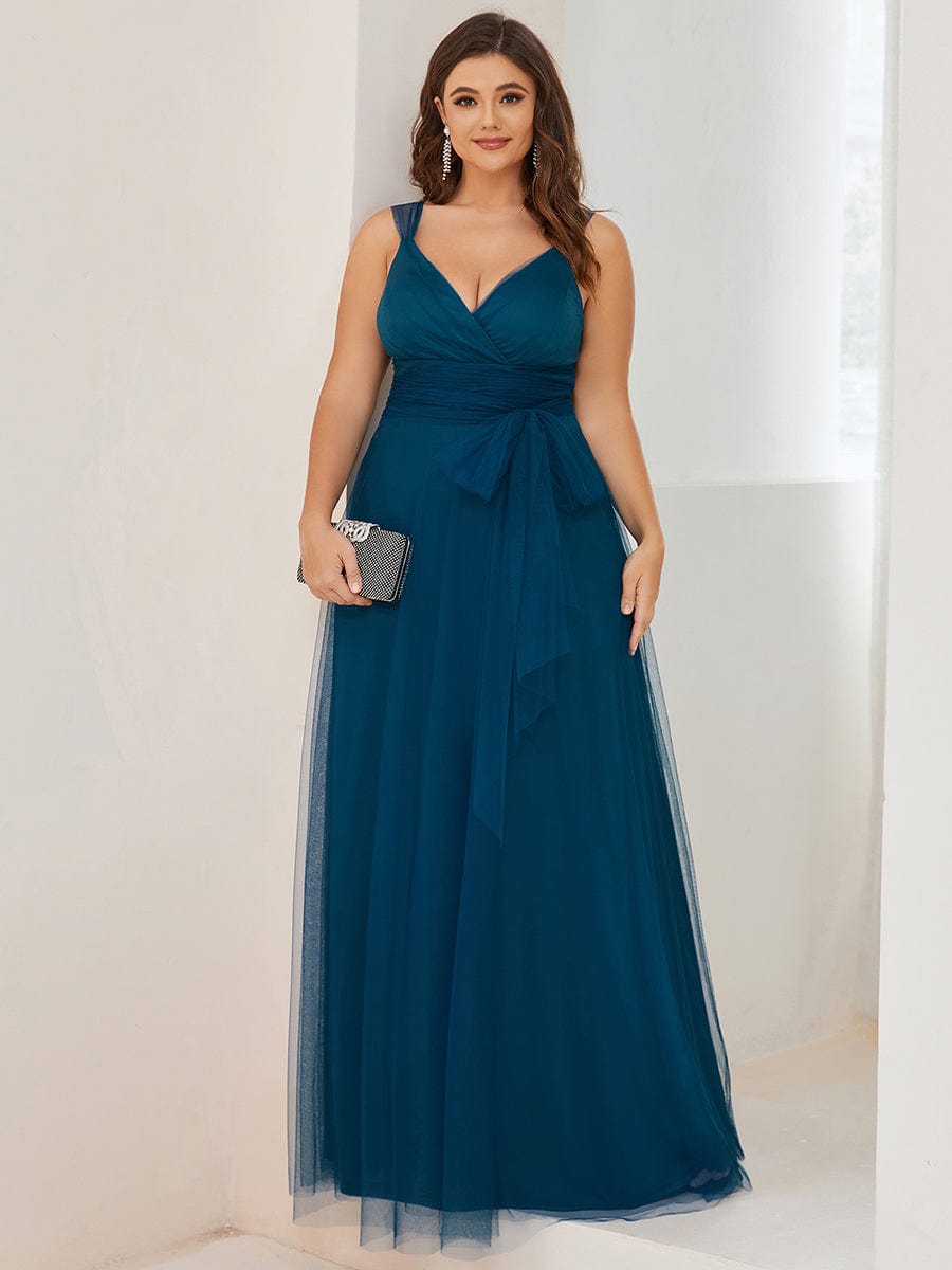 Floor Length Double V Neck Tulle Bridesmaid Dresses #color_Teal