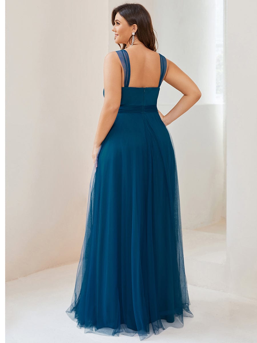 Floor Length Double V Neck Tulle Bridesmaid Dresses #color_Teal