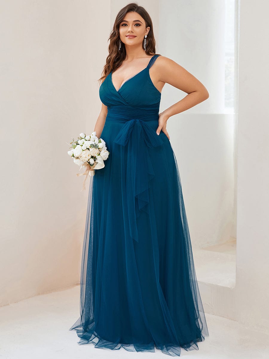 Floor Length Double V Neck Tulle Bridesmaid Dresses #color_Teal