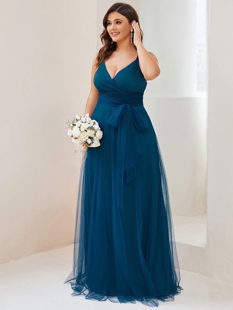 Plus Size Maxi Long Double V Neck Tulle Bridesmaid Dresses #color_Teal