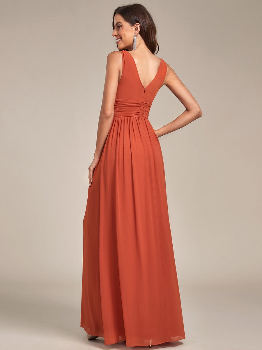 V Neck Sleeveless Pleated Chiffon Evening Dress #color_Burnt Orange