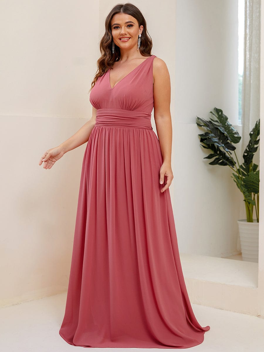 Plus Size Sleeveless V-Neck Chiffon Maxi Bridesmaid Dress #color_Cameo Brown