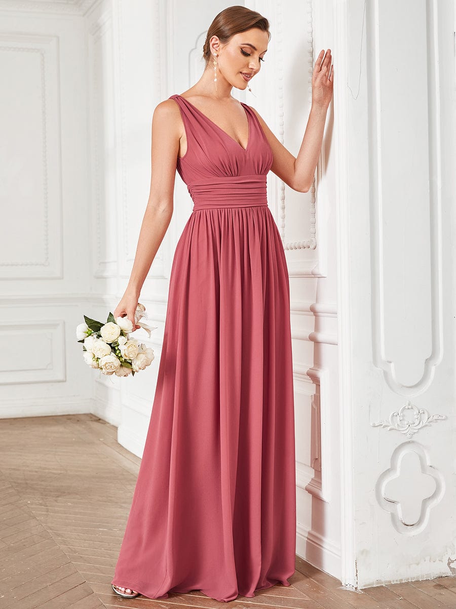 V Neck Sleeveless Pleated Chiffon Evening Dress #color_Cameo Brown