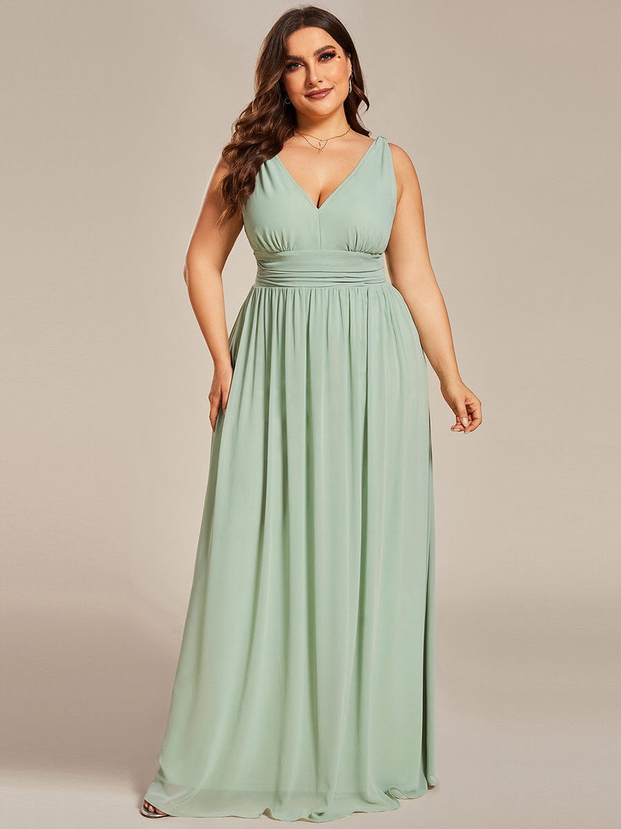 Custom Size V Neck Sleeveless Pleated Chiffon Evening Dress #color_Mint Green