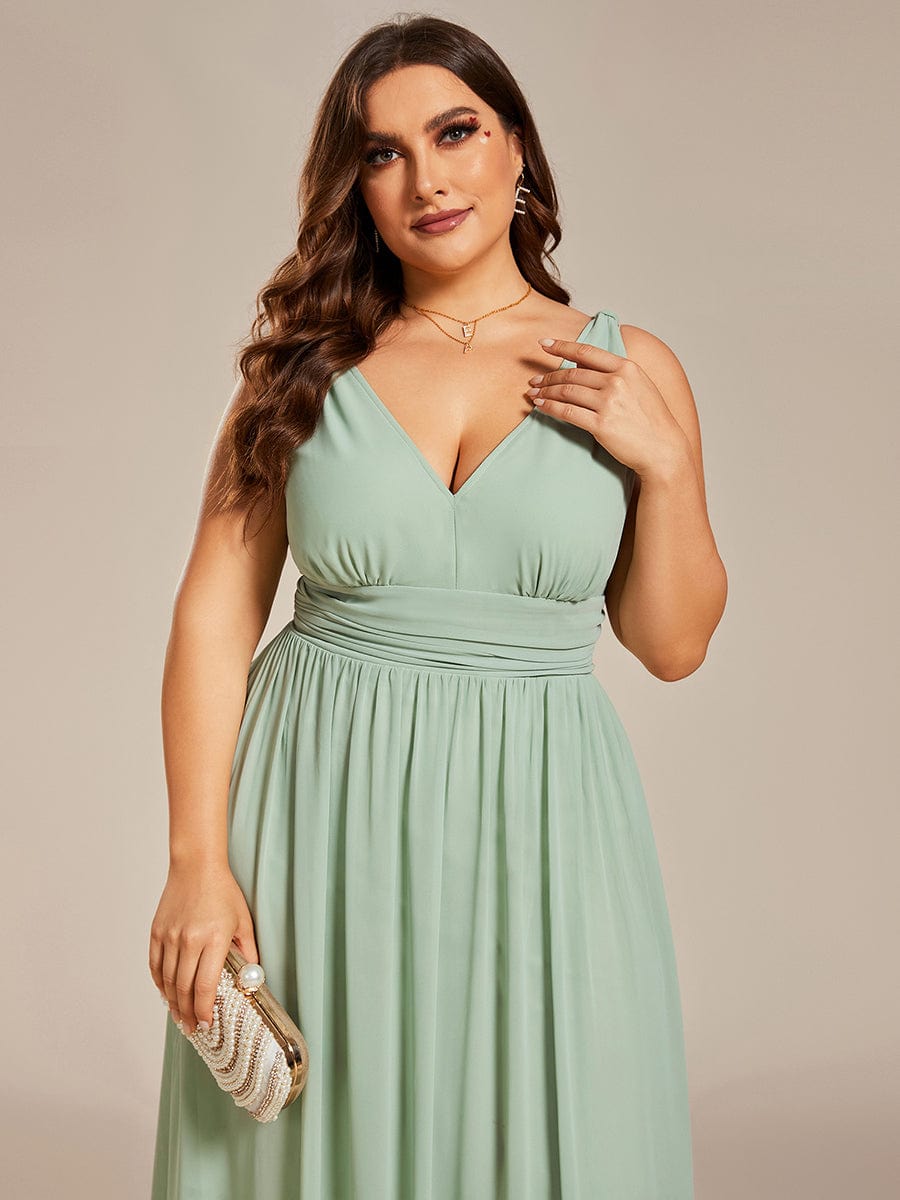 Custom Size V Neck Sleeveless Pleated Chiffon Evening Dress #color_Mint Green