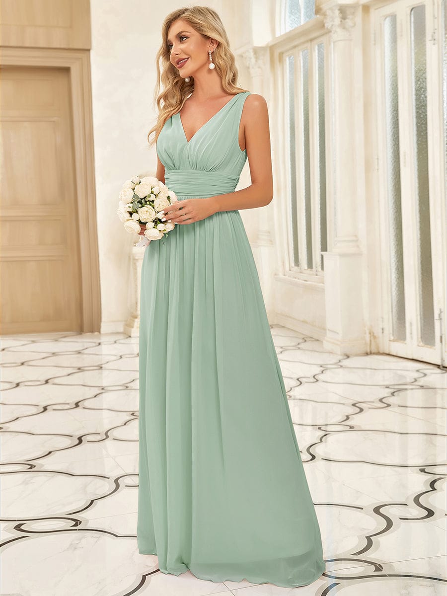 Custom Size V Neck Sleeveless Pleated Chiffon Evening Dress #color_Mint Green