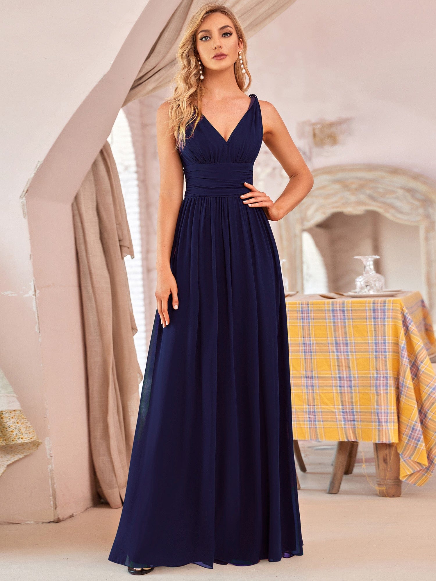 V Neck Sleeveless Pleated Chiffon Evening Dress #color_Navy Blue