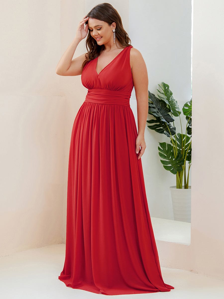 Plus Size Sleeveless V-Neck Chiffon Maxi Bridesmaid Dress #color_Red