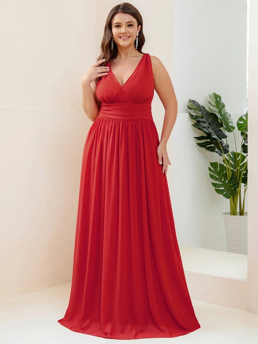 Elegant Sleeveless V-Neck Maxi Chiffon Bridesmaid Dress #color_Red