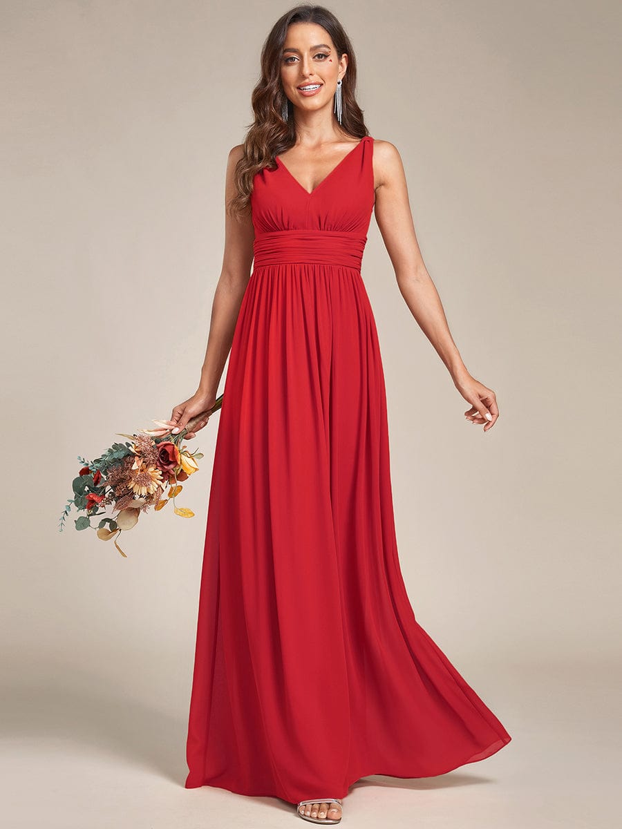 V Neck Sleeveless Pleated Chiffon Evening Dress #color_Red