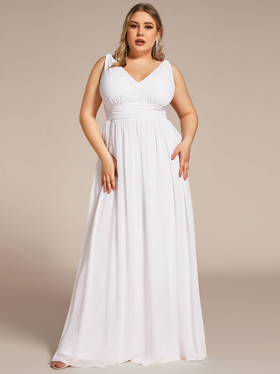 Plus Size Sleeveless V-Neck Chiffon Maxi Bridesmaid Dress #color_White