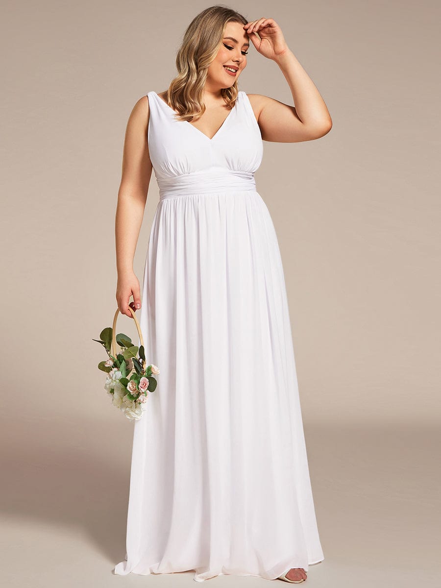 Plus Size Sleeveless V-Neck Chiffon Maxi Bridesmaid Dress #color_White