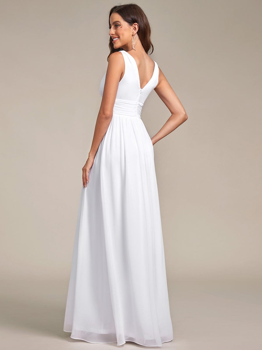 V Neck Sleeveless Pleated Chiffon Evening Dress #color_White