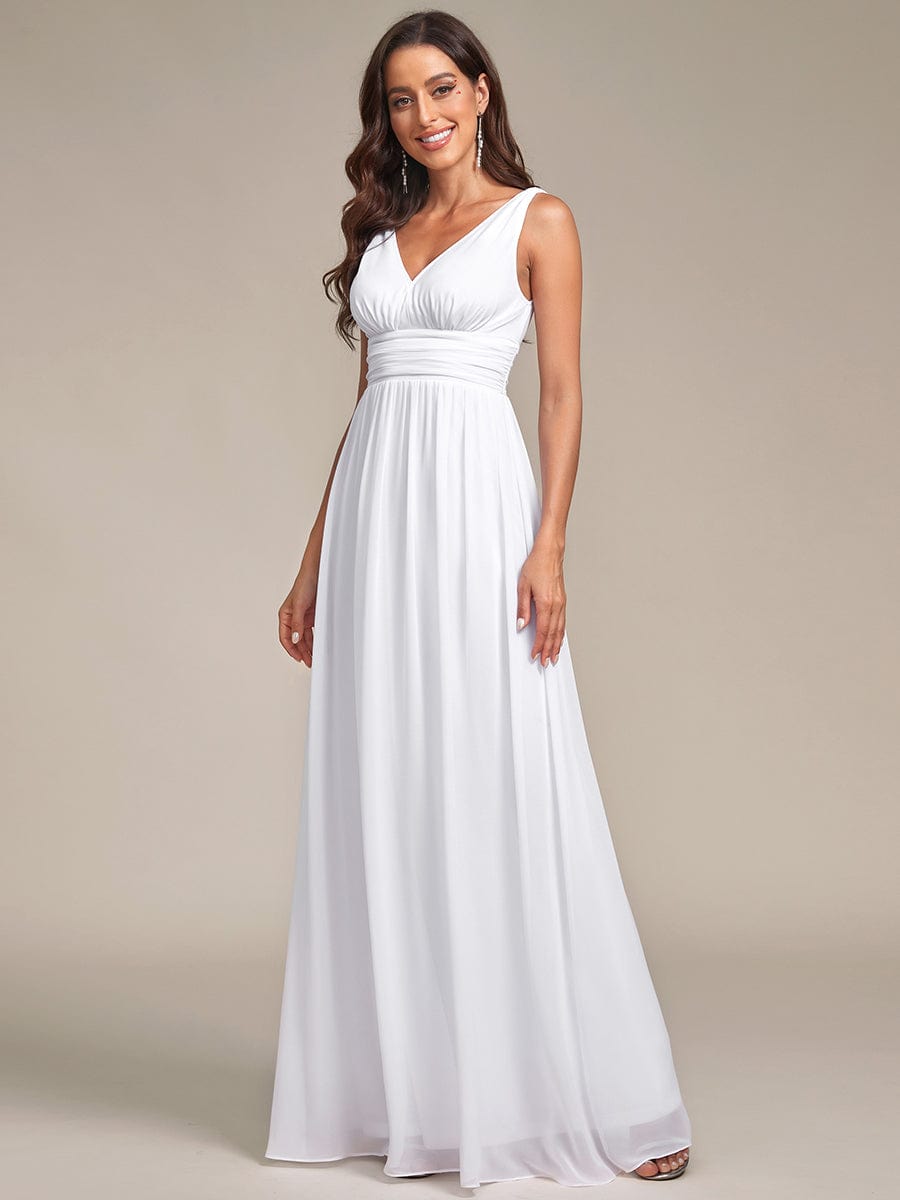 V Neck Sleeveless Pleated Chiffon Evening Dress #color_White