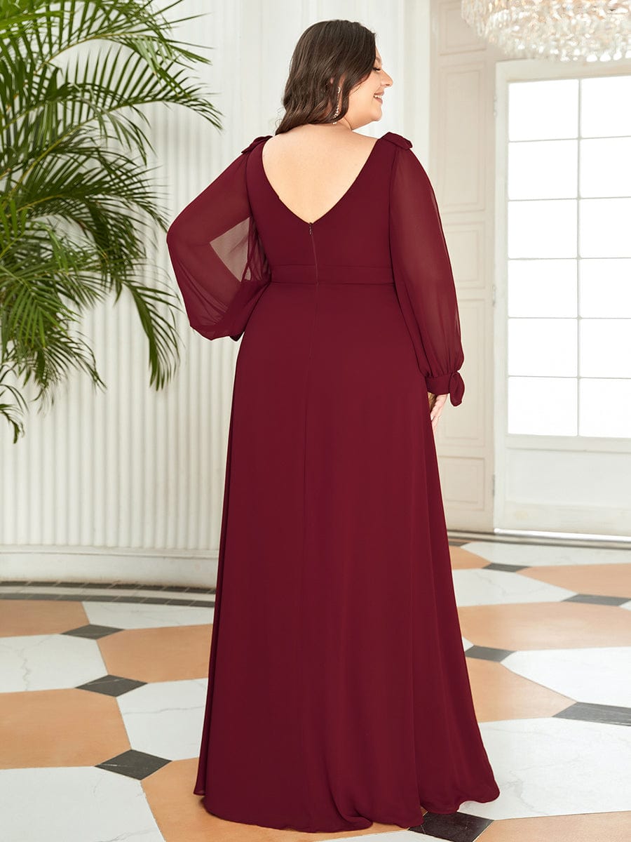 Gentle Split Low Back Thigh Slit Long Sleeve Wedding Guest Dress #color_Burgundy