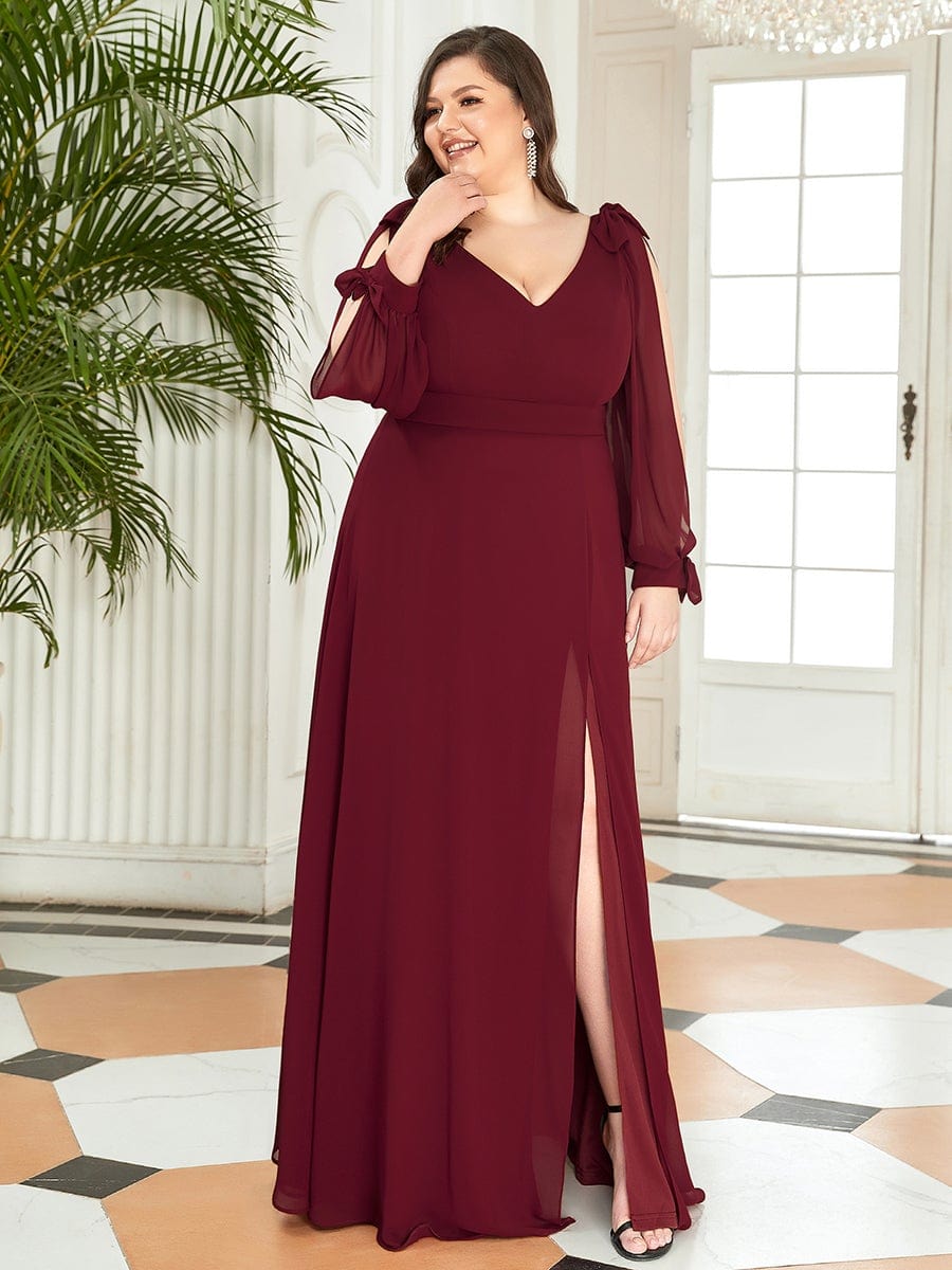 Plus Size Split Long Sleeve V-Neck Bridesmaid Dress #color_Burgundy