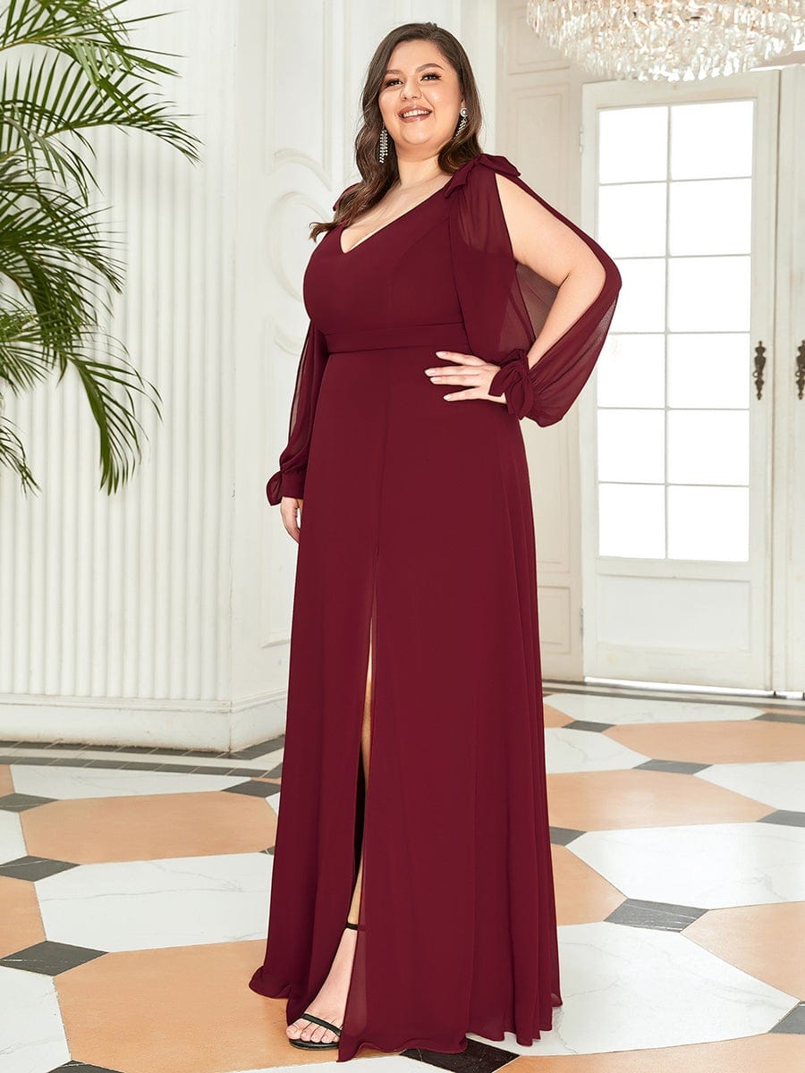 Plus Size Split Long Sleeve V-Neck Bridesmaid Dress #color_Burgundy