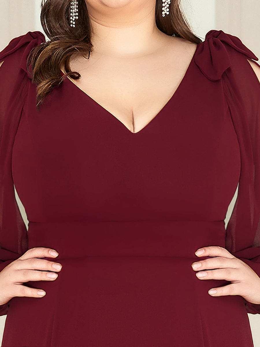 Plus Size Split Long Sleeve V-Neck Bridesmaid Dress #color_Burgundy