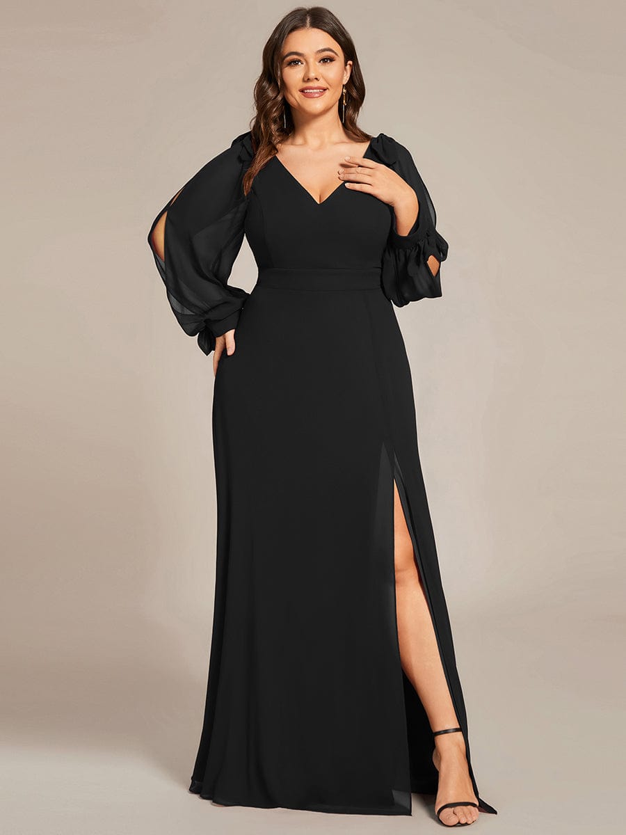 Gentle Split Sleeve Low Back Thigh Slit Bridesmaid Dress #color_Black