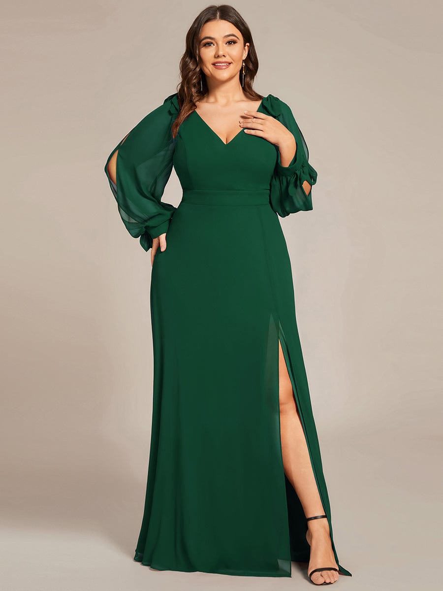 Plus Size Split Long Sleeve V-Neck Bridesmaid Dress #color_Dark Green