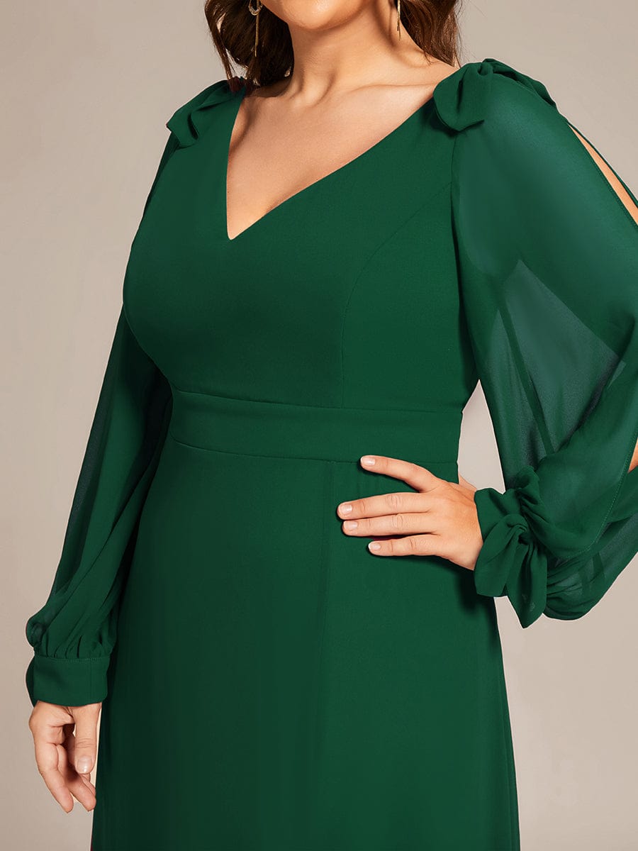 Plus Size Split Long Sleeve V-Neck Bridesmaid Dress #color_Dark Green