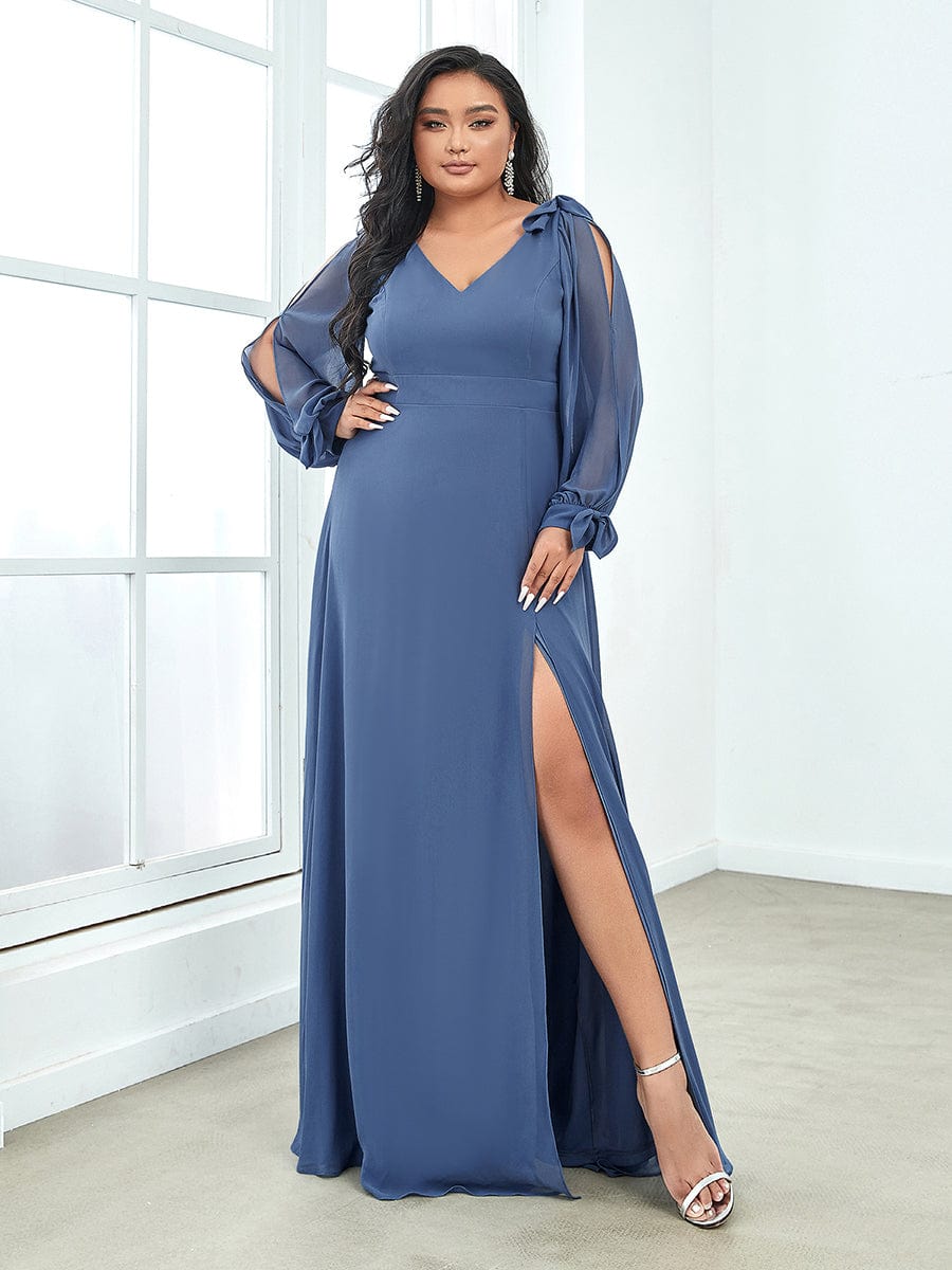 Gentle Split Low Back Thigh Slit Long Sleeve Wedding Guest Dress #color_Dusty Navy