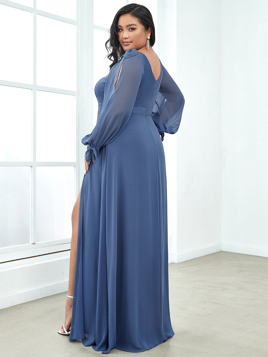 Gentle Split Low Back Thigh Slit Long Sleeve Wedding Guest Dress #color_Dusty Navy