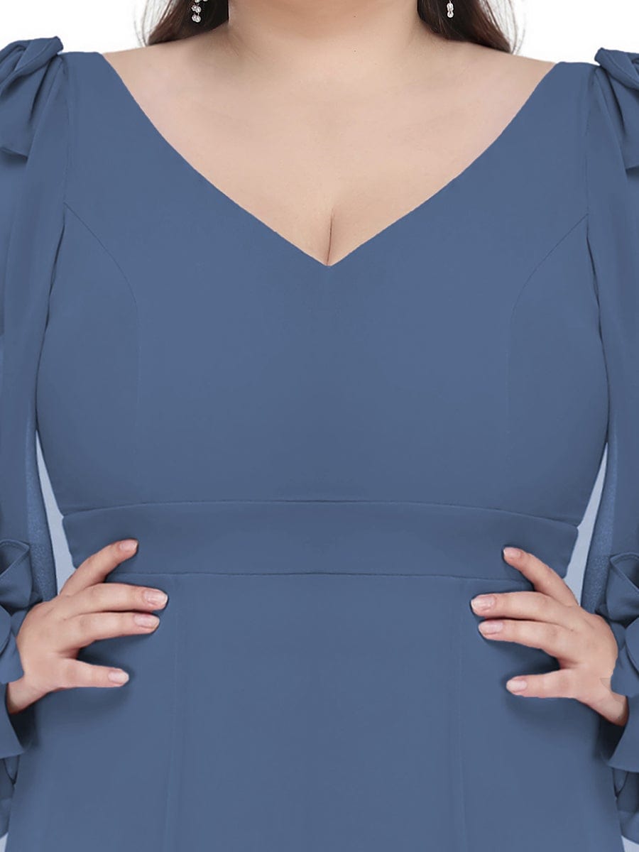 Plus Size Split Long Sleeve V-Neck Bridesmaid Dress #color_Dusty Blue