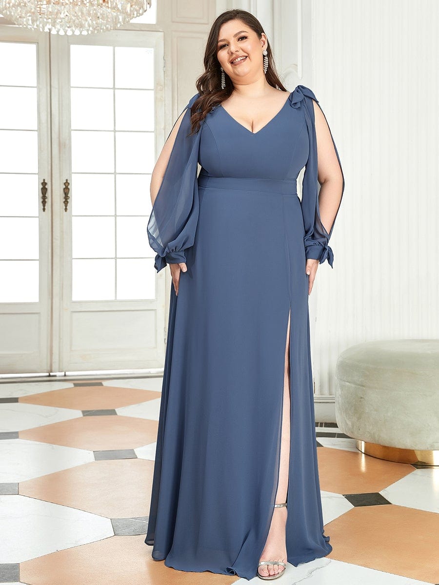 Plus Size Split Long Sleeve V-Neck Bridesmaid Dress #color_Dusty Blue