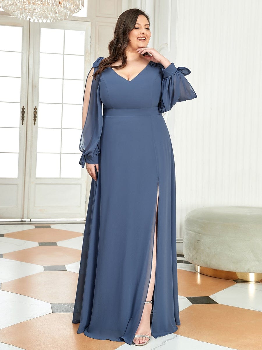 Plus Size Split Long Sleeve V-Neck Bridesmaid Dress #color_Dusty Blue