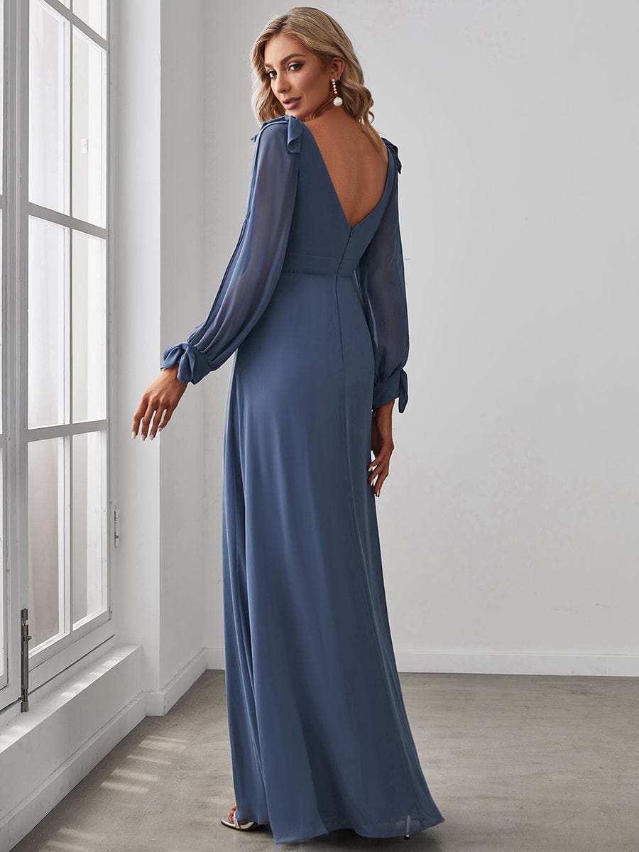 Gentle Split Low Back Thigh Slit Long Sleeve Wedding Guest Dress #color_Dusty Navy