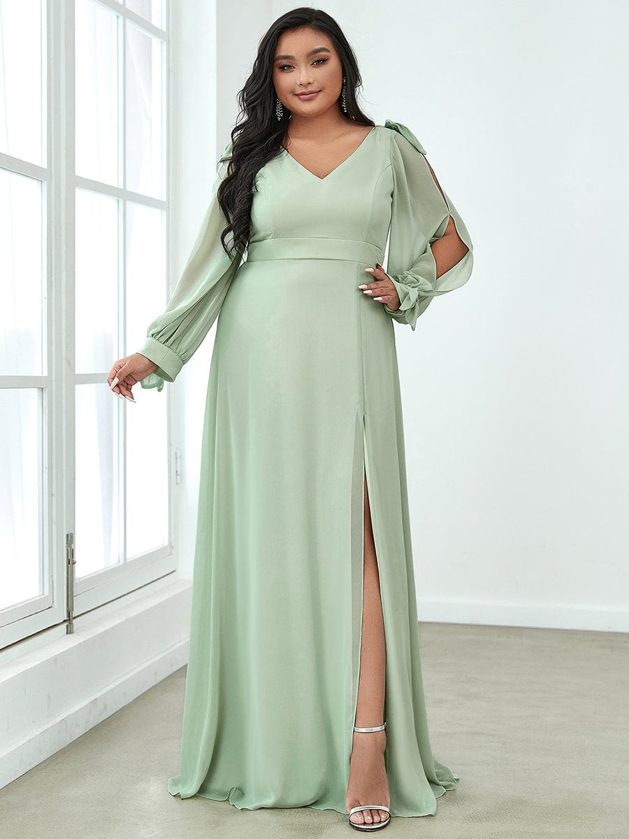 Gentle Split Sleeve Low Back Thigh Slit Bridesmaid Dress #color_Mint Green