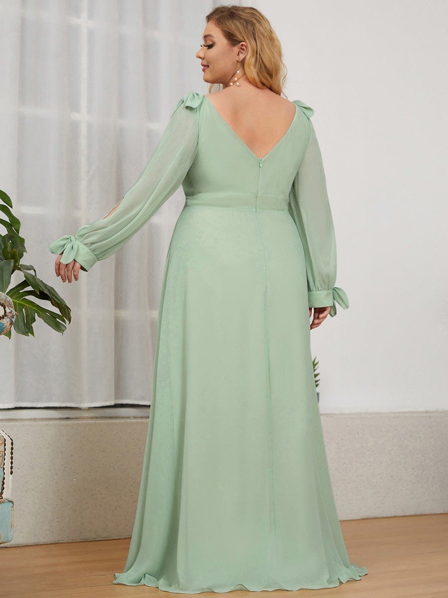 Plus Size Split Long Sleeve V-Neck Bridesmaid Dress #color_Mint Green