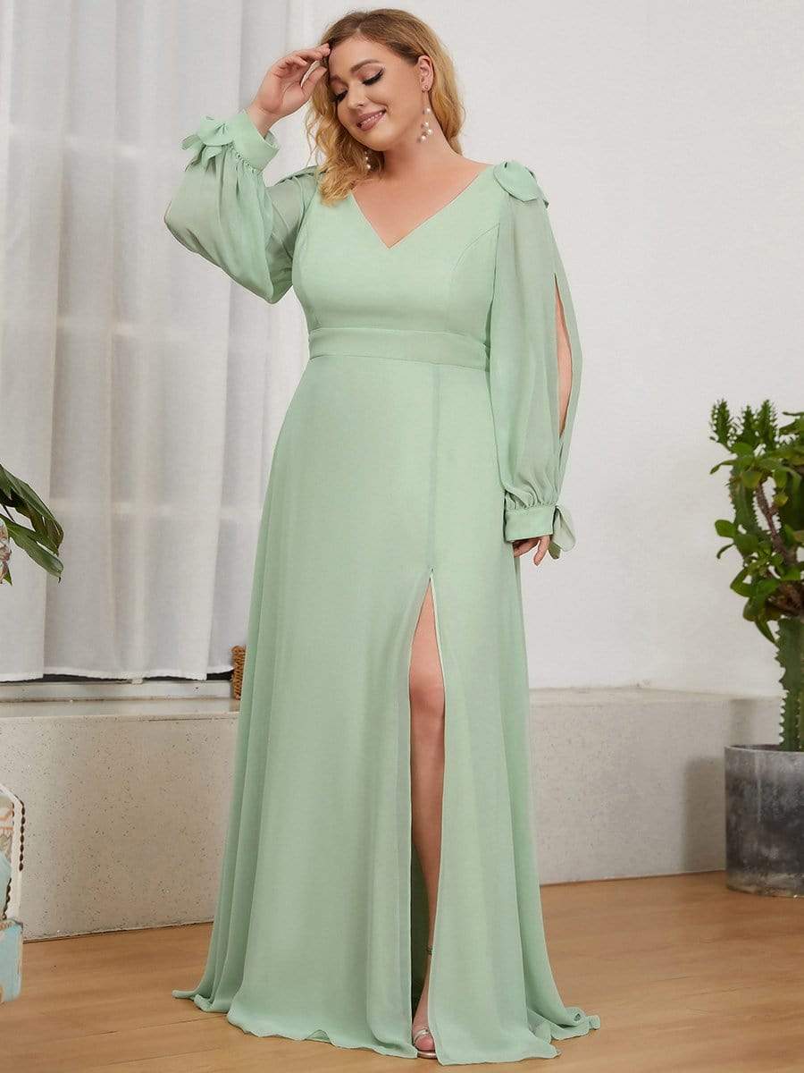 Custom Size Double V-Neck High Slit Long Sleeve Formal Dresses #color_Mint Green 