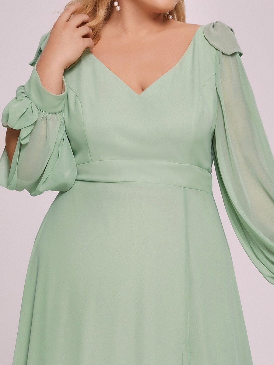 Plus Size Split Long Sleeve V-Neck Bridesmaid Dress #color_Mint Green