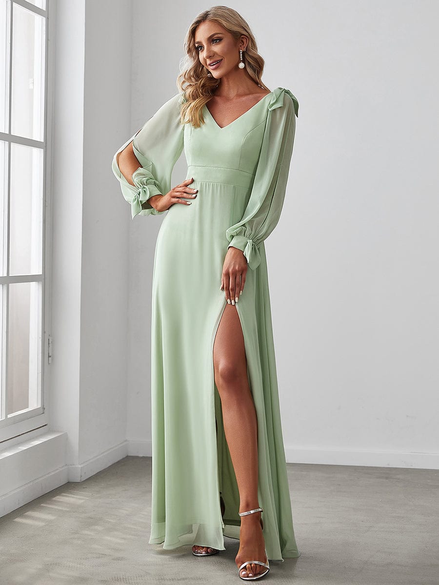 Gentle Split Sleeve Low Back Thigh Slit Bridesmaid Dress #color_Mint Green