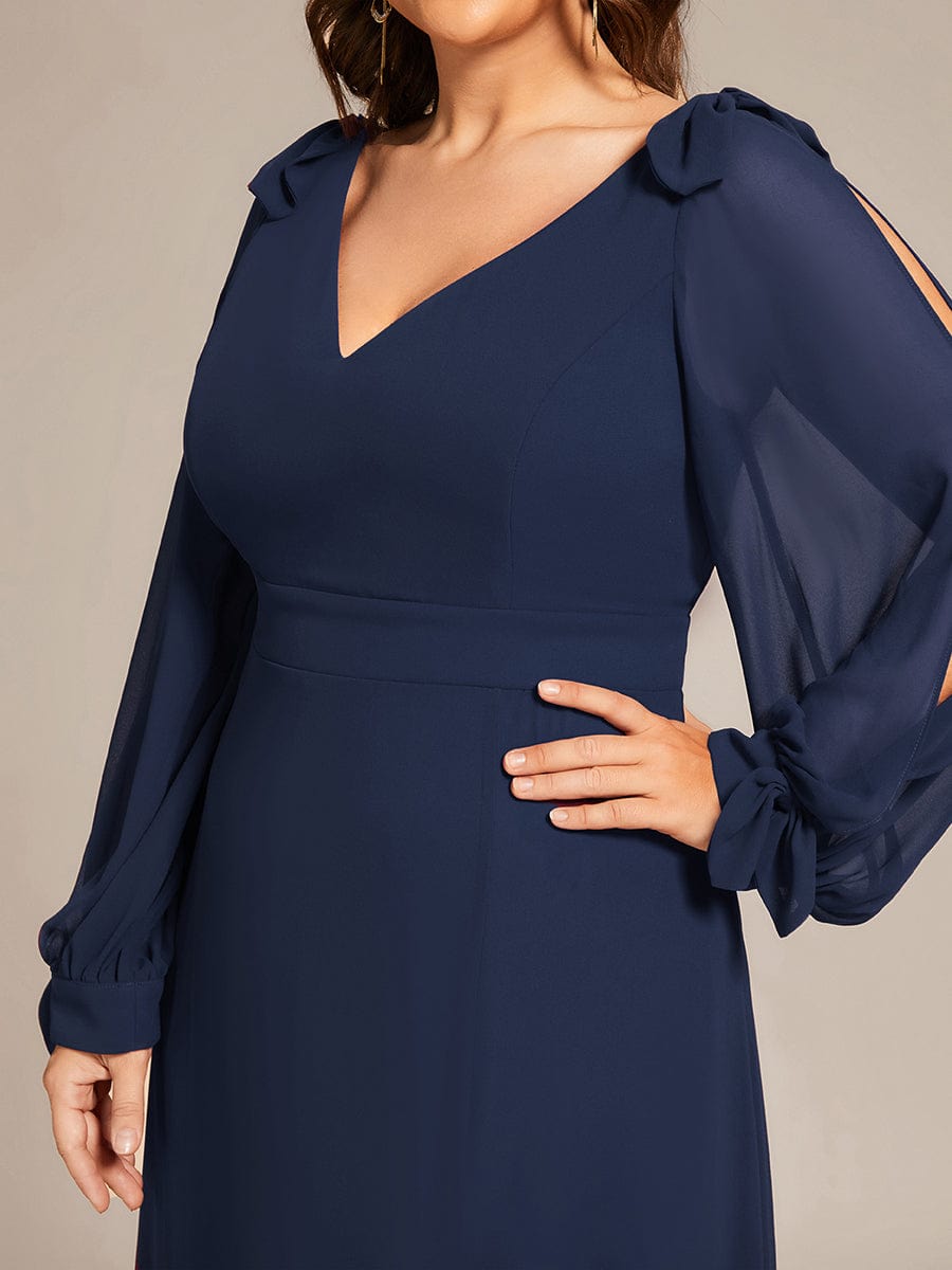 Gentle Split Sleeve Low Back Thigh Slit Bridesmaid Dress #color_Navy Blue