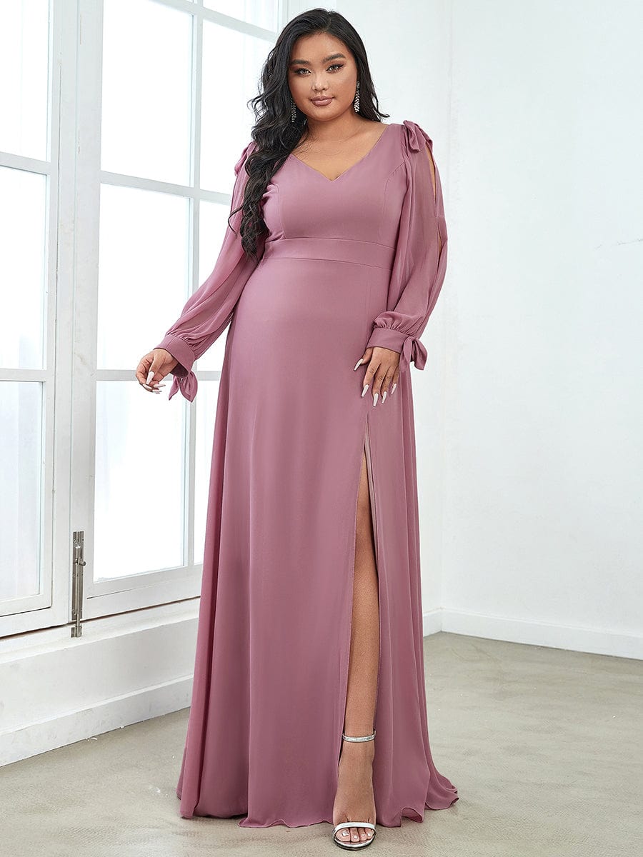 Gentle Split Low Back Thigh Slit Long Sleeve Wedding Guest Dress #color_Purple Orchid