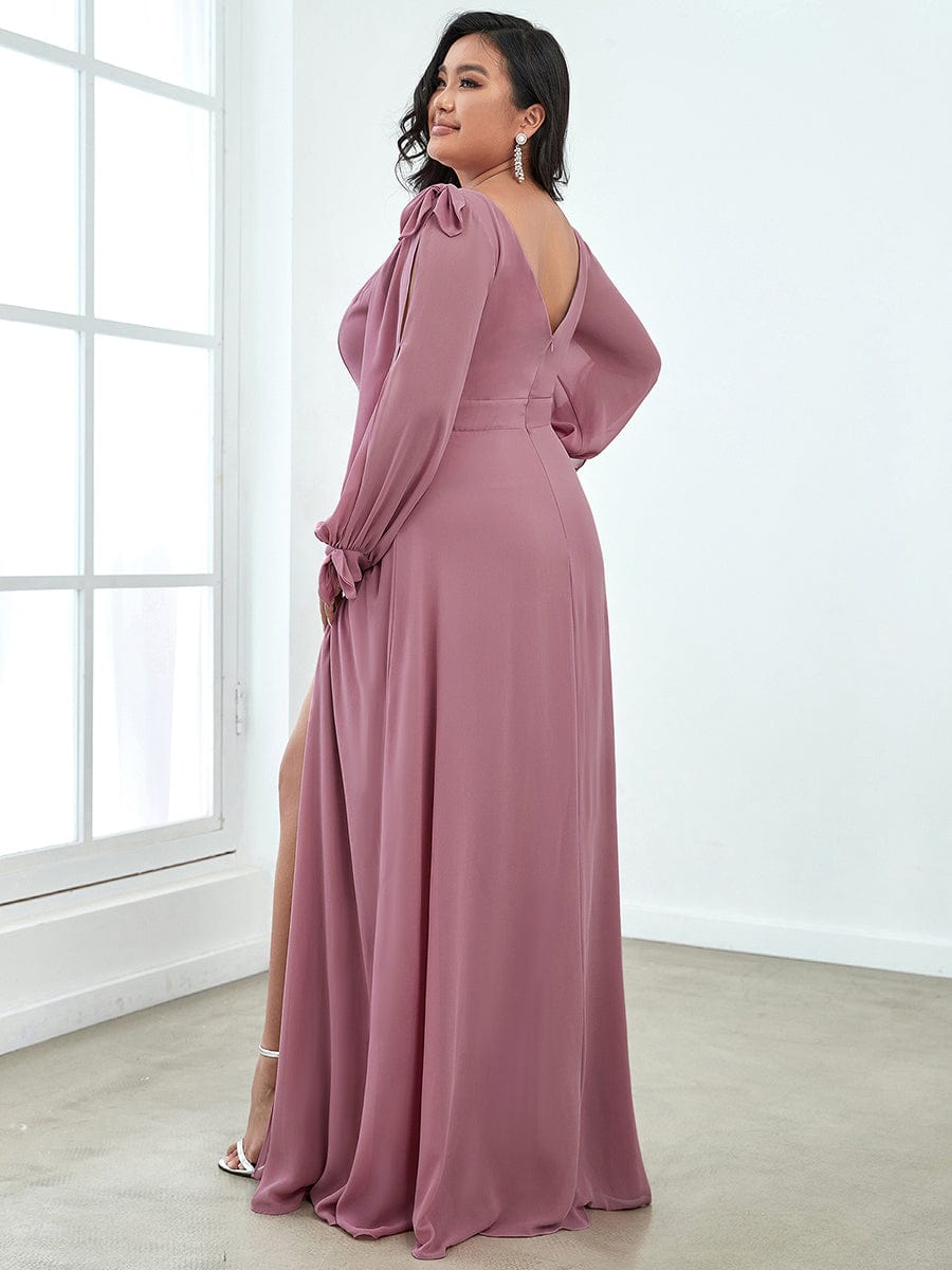 Gentle Split Low Back Thigh Slit Long Sleeve Wedding Guest Dress #color_Purple Orchid