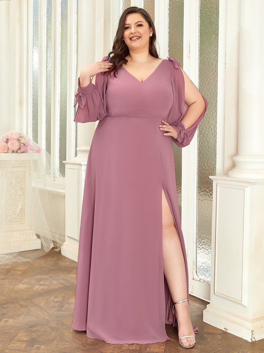 Plus Size Split Long Sleeve V-Neck Bridesmaid Dress #color_Purple Orchid