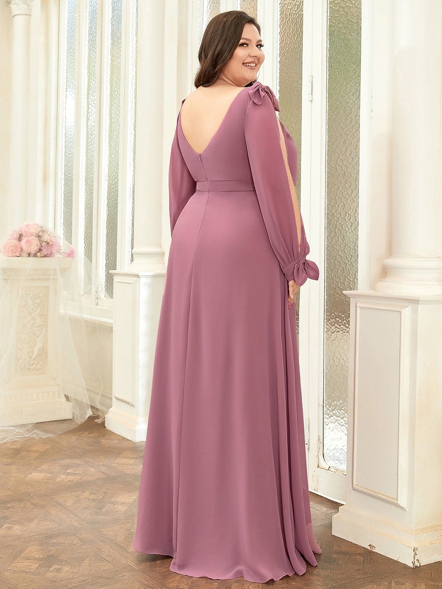 Plus Size Split Long Sleeve V-Neck Bridesmaid Dress #color_Purple Orchid