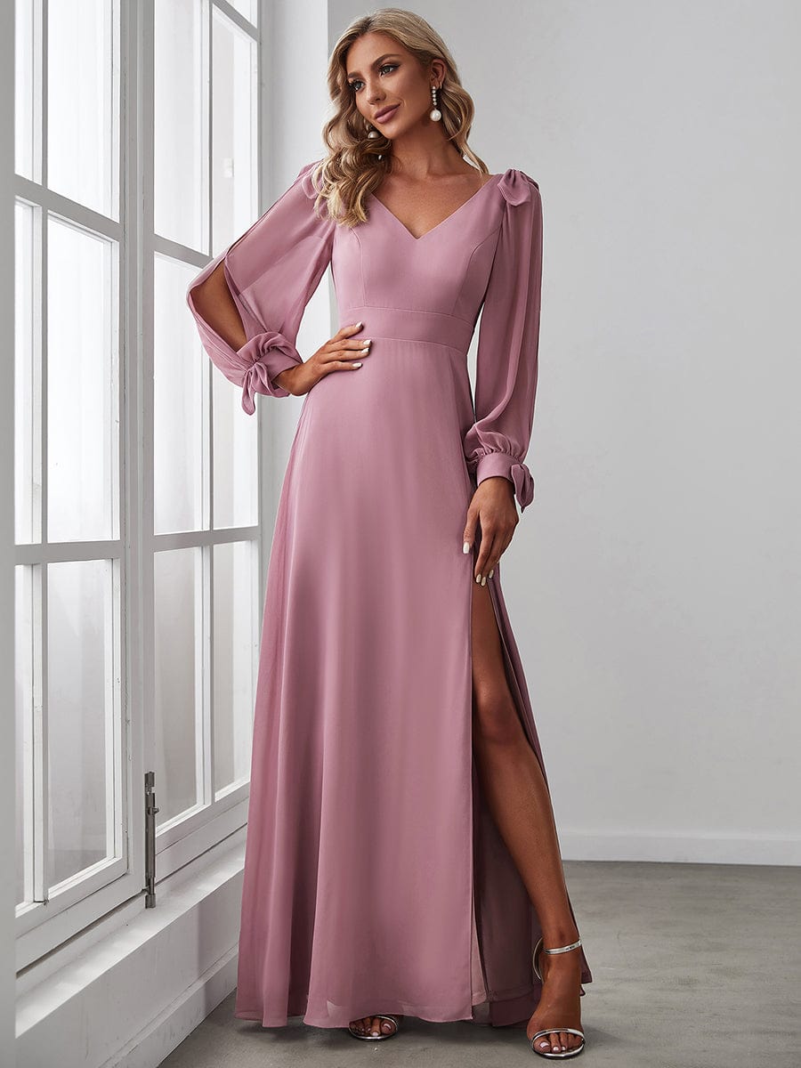 Gentle Split Low Back Thigh Slit Long Sleeve Wedding Guest Dress #color_Purple Orchid