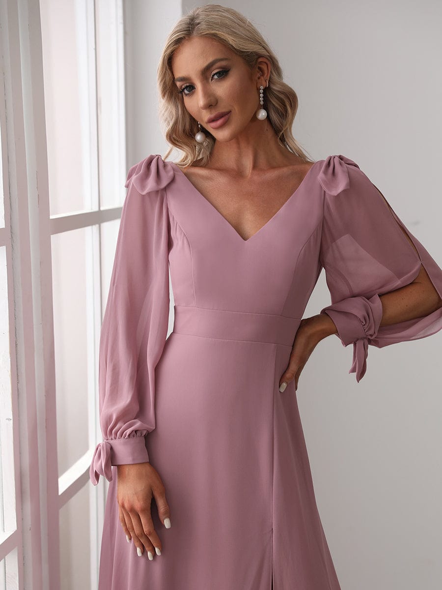 Gentle Split Low Back Thigh Slit Long Sleeve Wedding Guest Dress #color_Purple Orchid