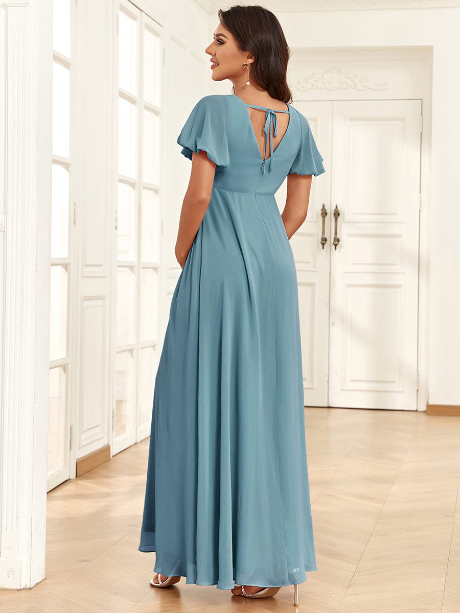 Short Sleeve A-Line Chiffon Pleated Tie-Back Maternity Dress #Color_Light Teal