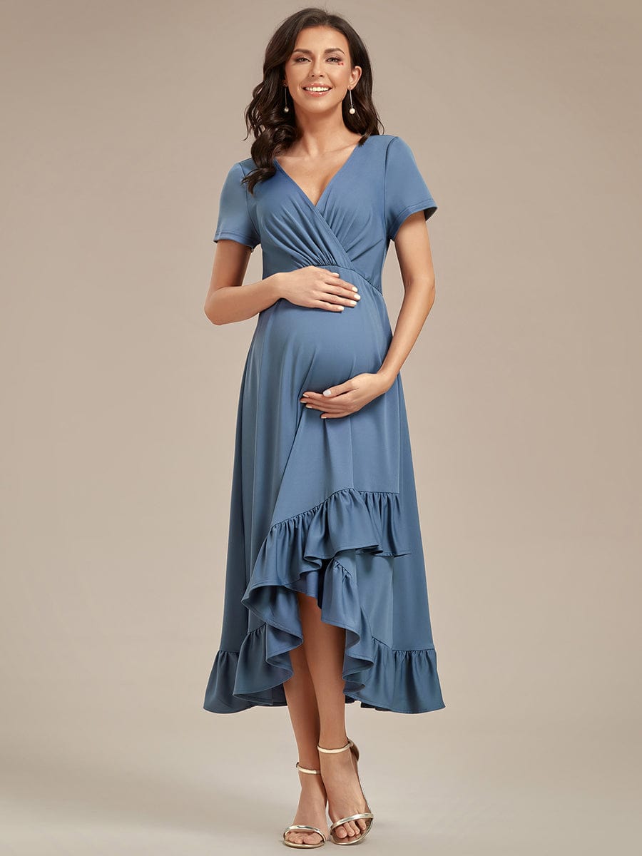 Stylish V-Neck Maternity Dress with Ruffles High Low Hemline #color_Dusty Navy