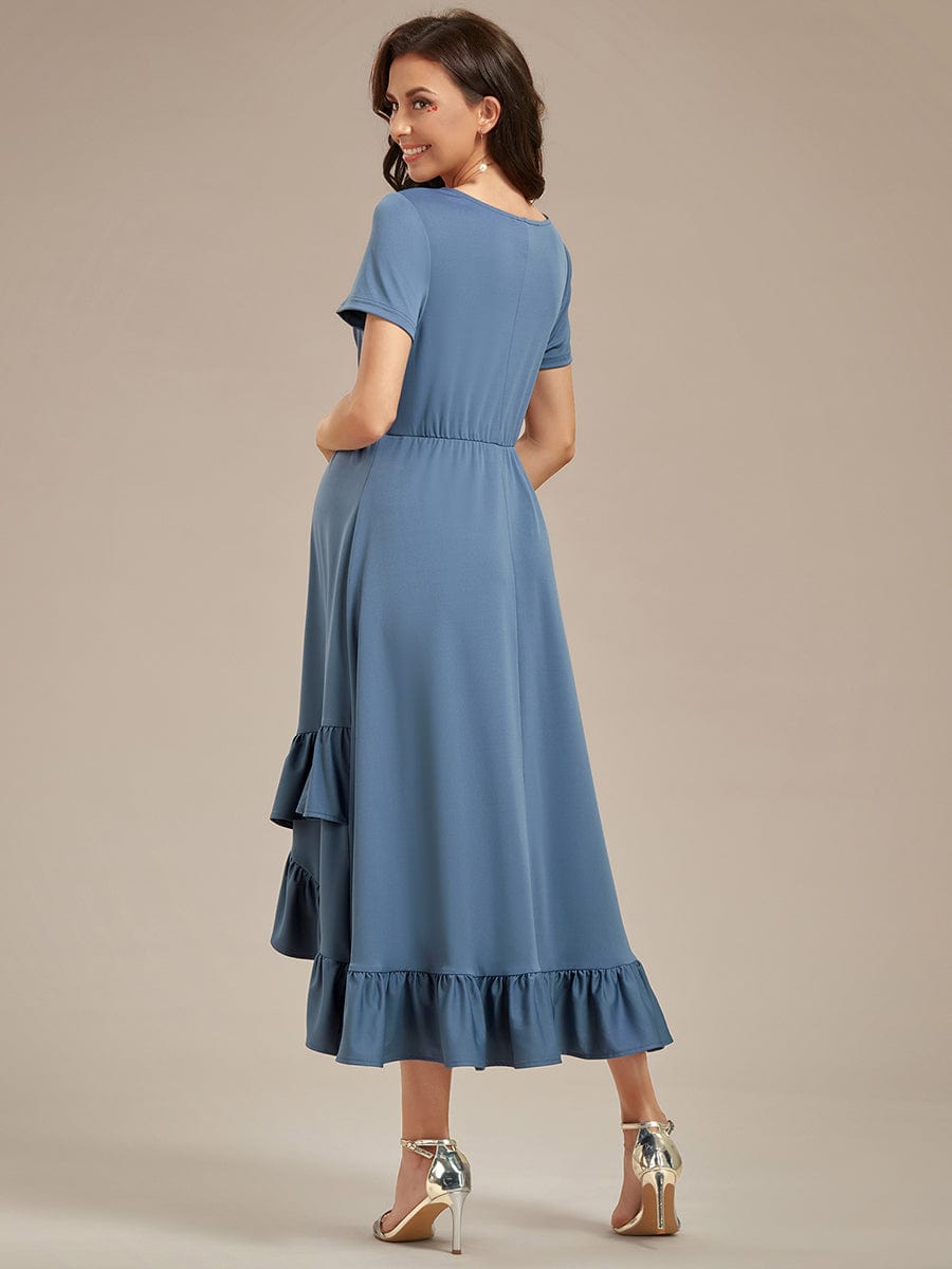 Stylish V-Neck Maternity Dress with Ruffles High Low Hemline #color_Dusty Navy