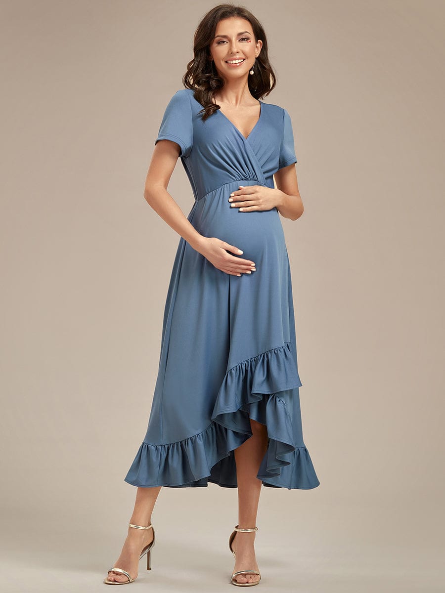 Stylish V-Neck Maternity Dress with Ruffles High Low Hemline #color_Dusty Navy