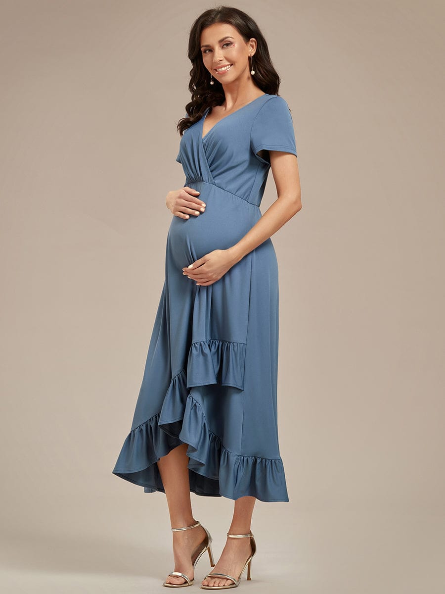 Stylish V-Neck Maternity Dress with Ruffles High Low Hemline #color_Dusty Navy