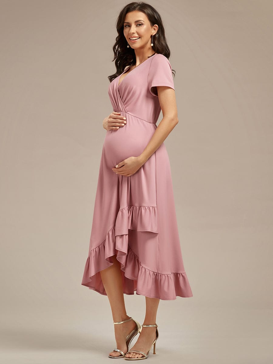 Stylish V-Neck Maternity Dress with Ruffles High Low Hemline #color_Dusty Rose