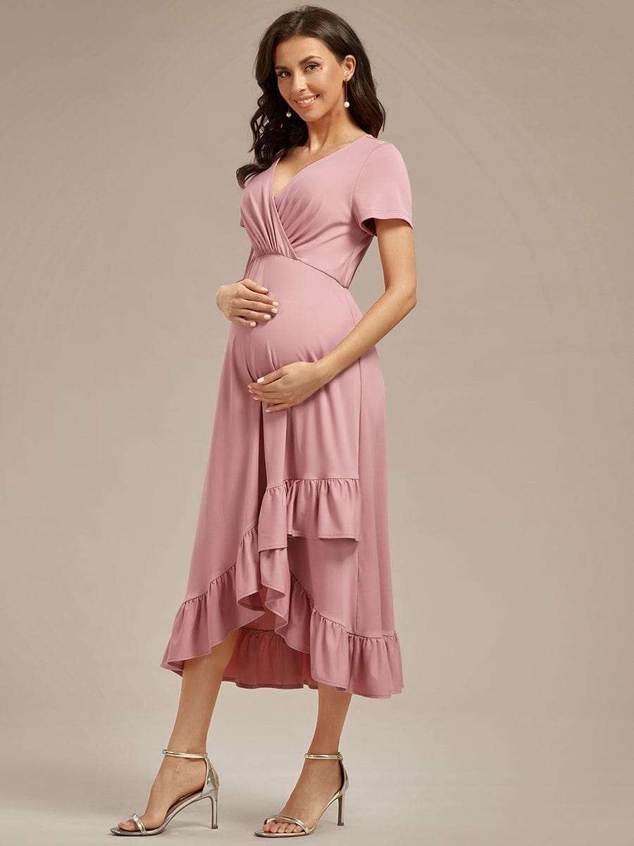 Stylish V-Neck Maternity Dress with Ruffles High Low Hemline #color_Dusty Rose